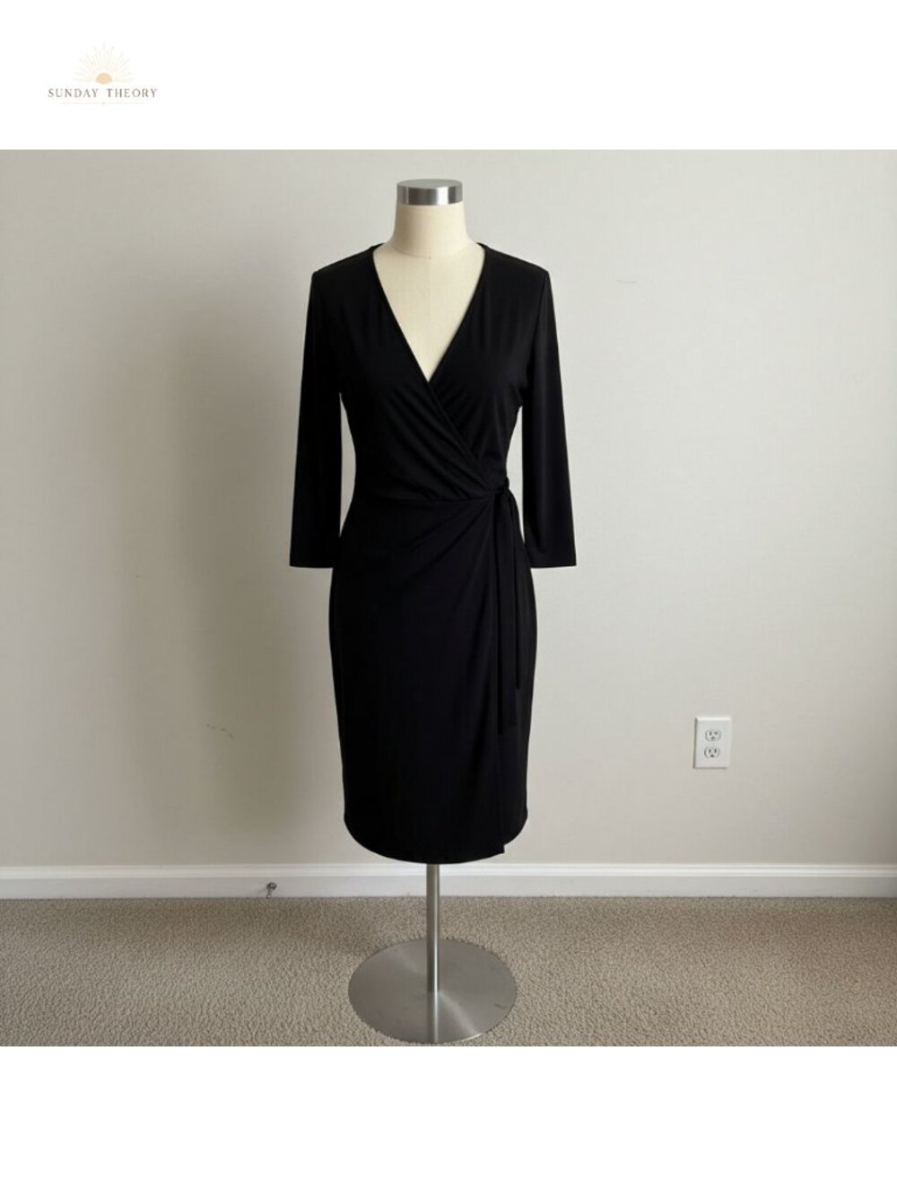 Anne Klein Faux Wrap Dress 3/4 Sleeve V-Neck Polyester